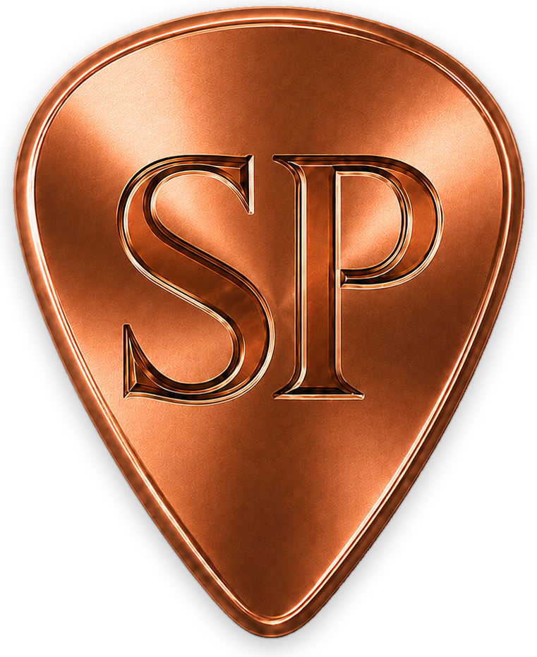 Icono de nivel Principiante: púa de guitarra de bronce con las iniciales SP